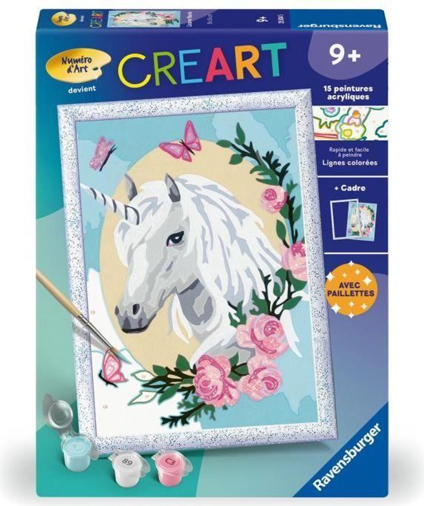 Malen nach Zahlen Set, CreArt Kids Einhorn mit Blumen, 18x24cm, ab 9 Jahren, Inklusive Rahmen, Pinsel und Farben, Ravensburger