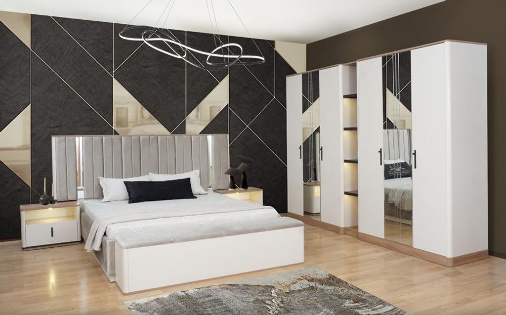 Bett Bank 2x Nachttische Kleiderschrank Verspiegelt Weiß Schlafzimmer 5tlg