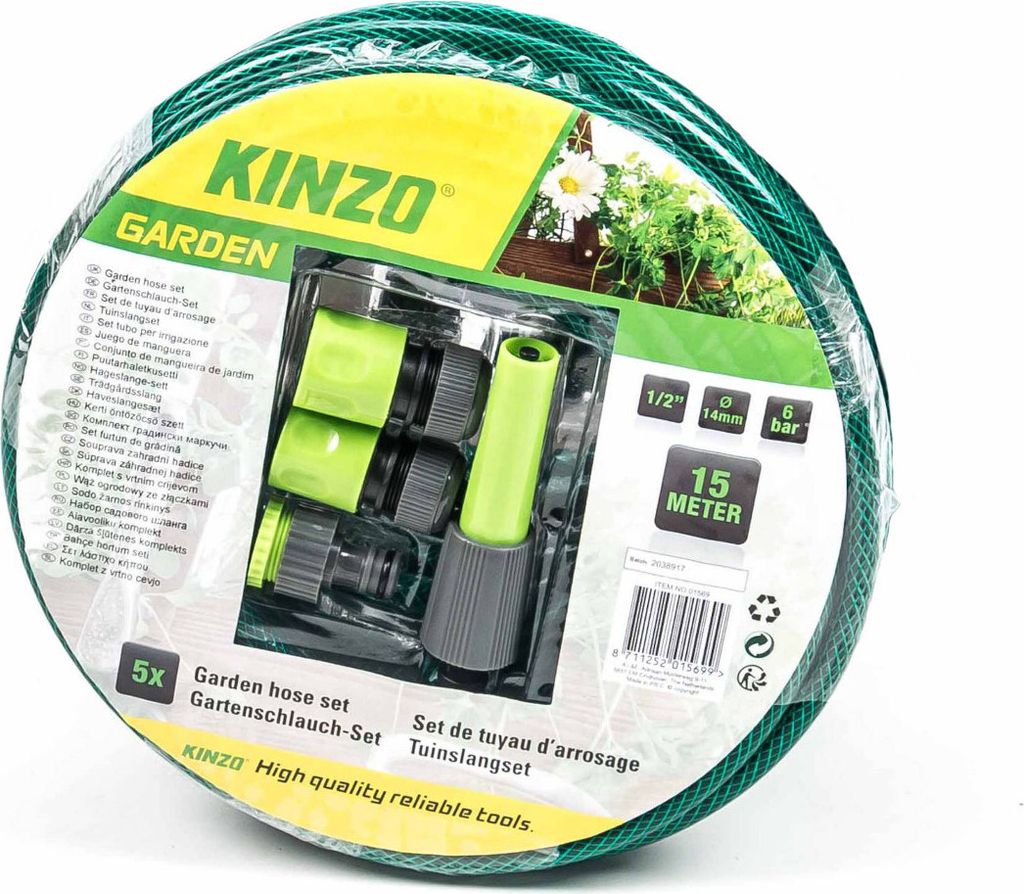 Gartenschlauch-Set von Kinzo Garden mit Anschluss-Adapter und Spritzdüse, 3-lagig, Stärke 1/2" (14 mm), max. 6 bar, Länge 15 Meter