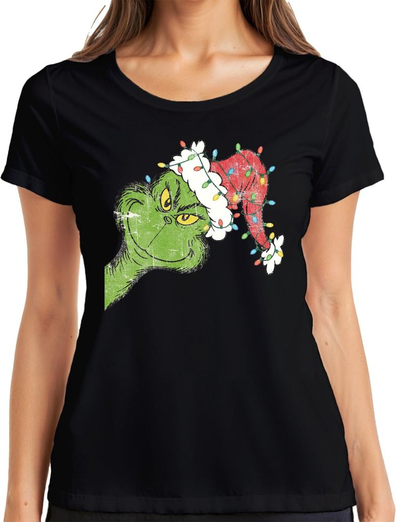 Grinch Gesicht Lichterkette Weihnachtshut Weihnachtsfilm Weihnachten Damen T-Shirt, Schwarz, L