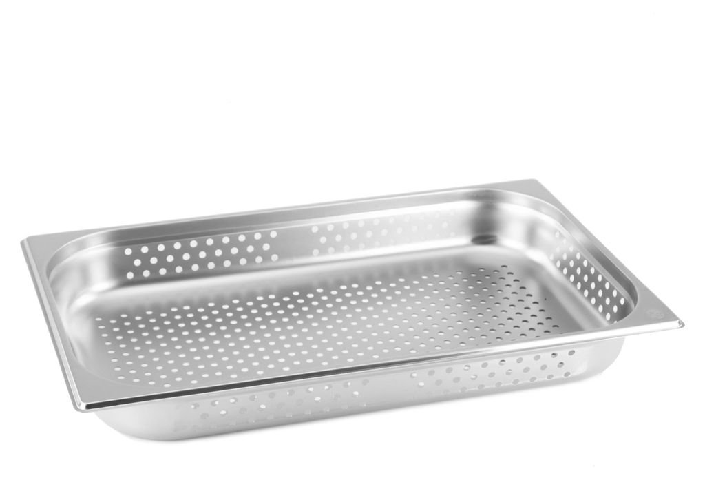 A stainless steel perforated food pan, also known as a GN container or gastronorm pan, is shown from a slightly elevated side angle.