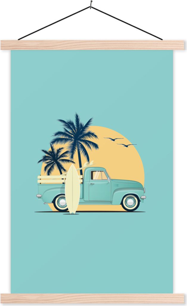 MuchoWow Textilposter Auto - Sonne - Surfbrett - Palme 60x90 cm mit holzfarbenen Rahmen - Textil