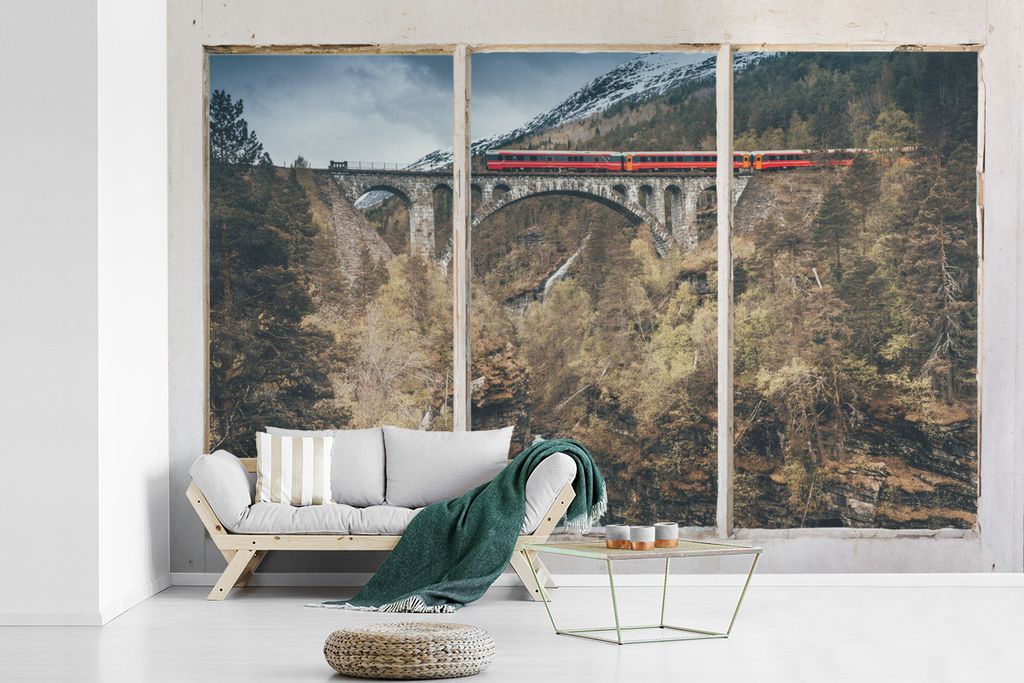 MuchoWow Fototapete für Wohnzimmer oder Schlafzimmer Wandtapete Vinyl Motivtapete Aussicht - Brücke - Berg - 600x400 cm - Vinyltapeten