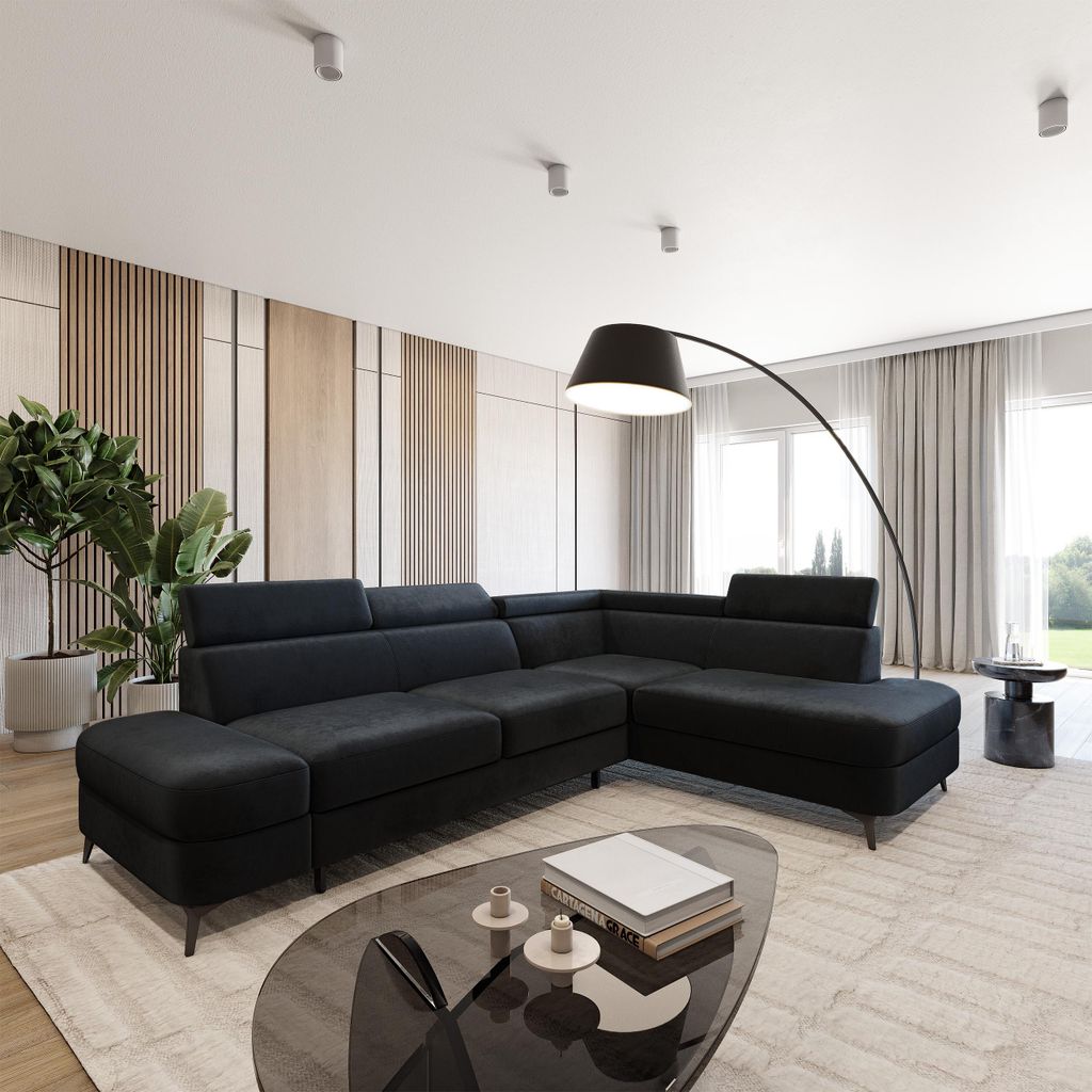 Masseno Ecksofa AVISE M R-S mit Schlaffunktion L-Form, Sofa mit Bettkasten, Wohnzimmersofa, Couch, Soffa, Bettsofa, Couchgarnitur- Schwarz, MONOLIT...