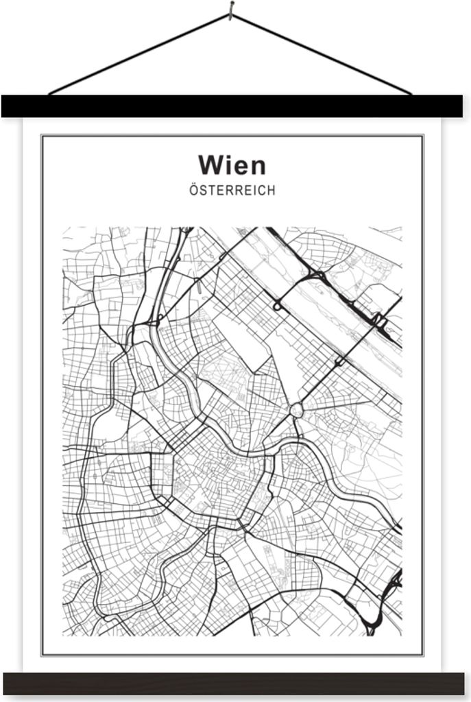 MuchoWow Textilposter Stadtplan - Wien - Schwarz und weiß 60x80 cm mit schwarzem Rahmen - Plakathalter