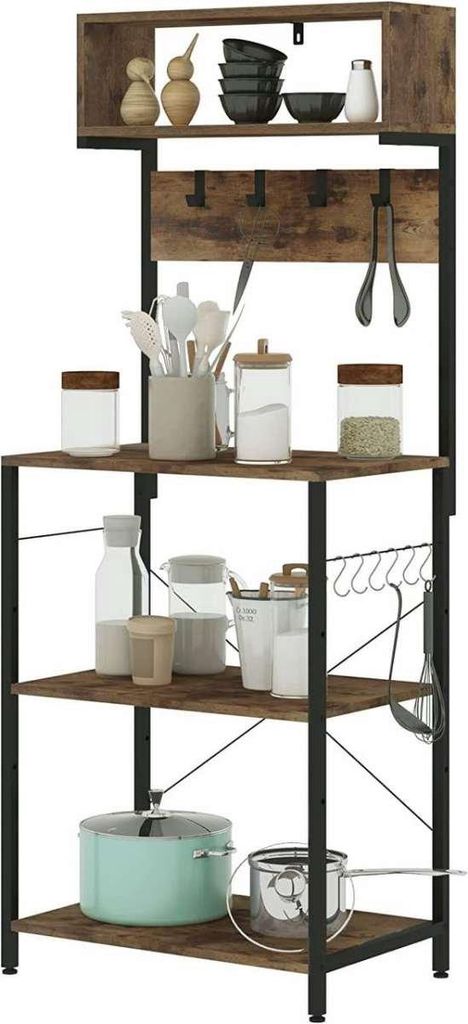 Happyment Rodi-Bücherregal – Industrielles Bücherregal – 4 Ebenen – Schwarz – Mit 10 Haken – MDF & Stahl – 60×152×38 cm