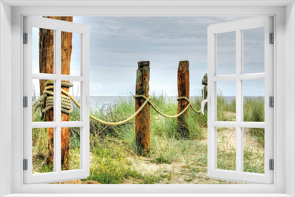 Wallario Poster mit Fenster-Illusion: Düne am Strand mit Holzpfahl, Größe: 61 x 91,5 cm (Maxiposter)