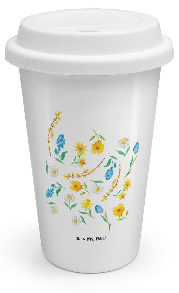 Mr. & Mrs. Panda To Go Becher Frühlingserwachen Design - Weiß - Geschenk, Blumenmädchen, Muster, Blumen, Aquarell, Thermobecher, Natur, Kaffeebe...