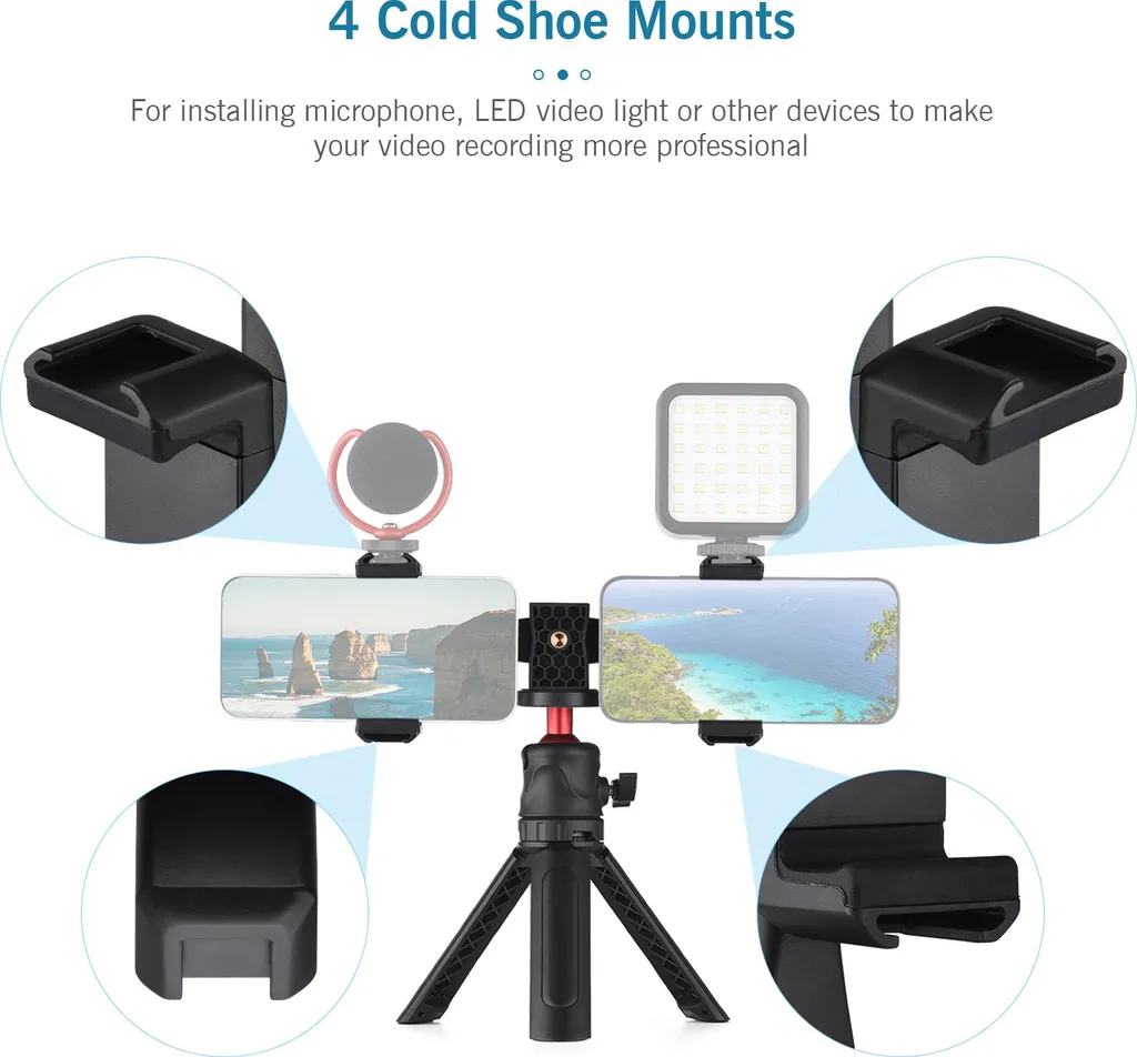 Set video multifunzionale per smartphone Andoer, comprensivo di supporto universale per treppiede per cellulare con due attacchi, 4 attacchi a slitta fredda + desktop per vlog, live streaming, lezioni online - 2