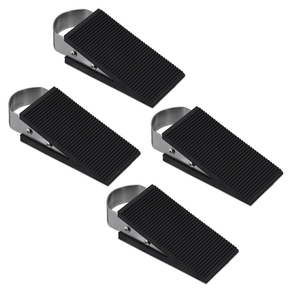 Relaxdays Türkeil 4er Set, Türstopper Boden, Gummi & Edelstahl, HBT: 3 x 5 x 12,5 cm, rutschfeste Keile, schwarz/silber