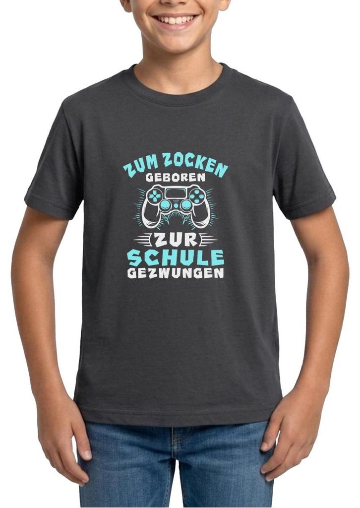 Spreadshirt Zum Zocken Geboren Zur Schule Gezwungen Gaming Teenager T-Shirt, 134/146 (9-11 Jahre), Dunkelgrau