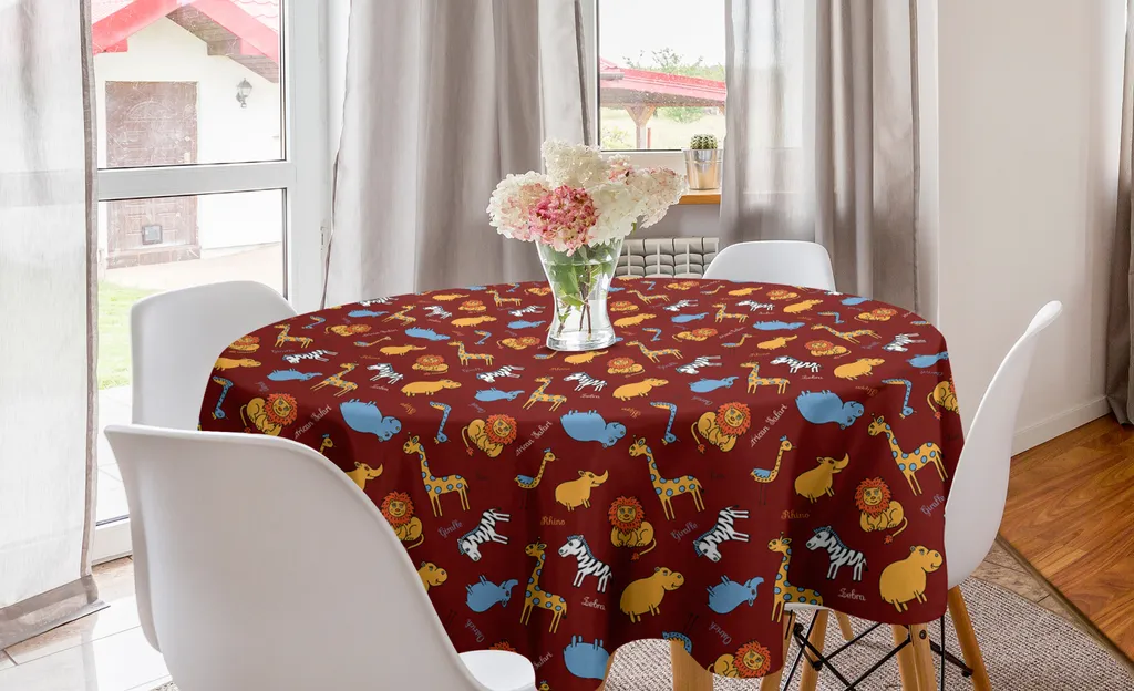 ABAKUHAUS Tovaglia rotonda con ippopotami, animali doodle, tovaglia circolare per decorare la sala da pranzo e la cucina, 150 cm, multicolore