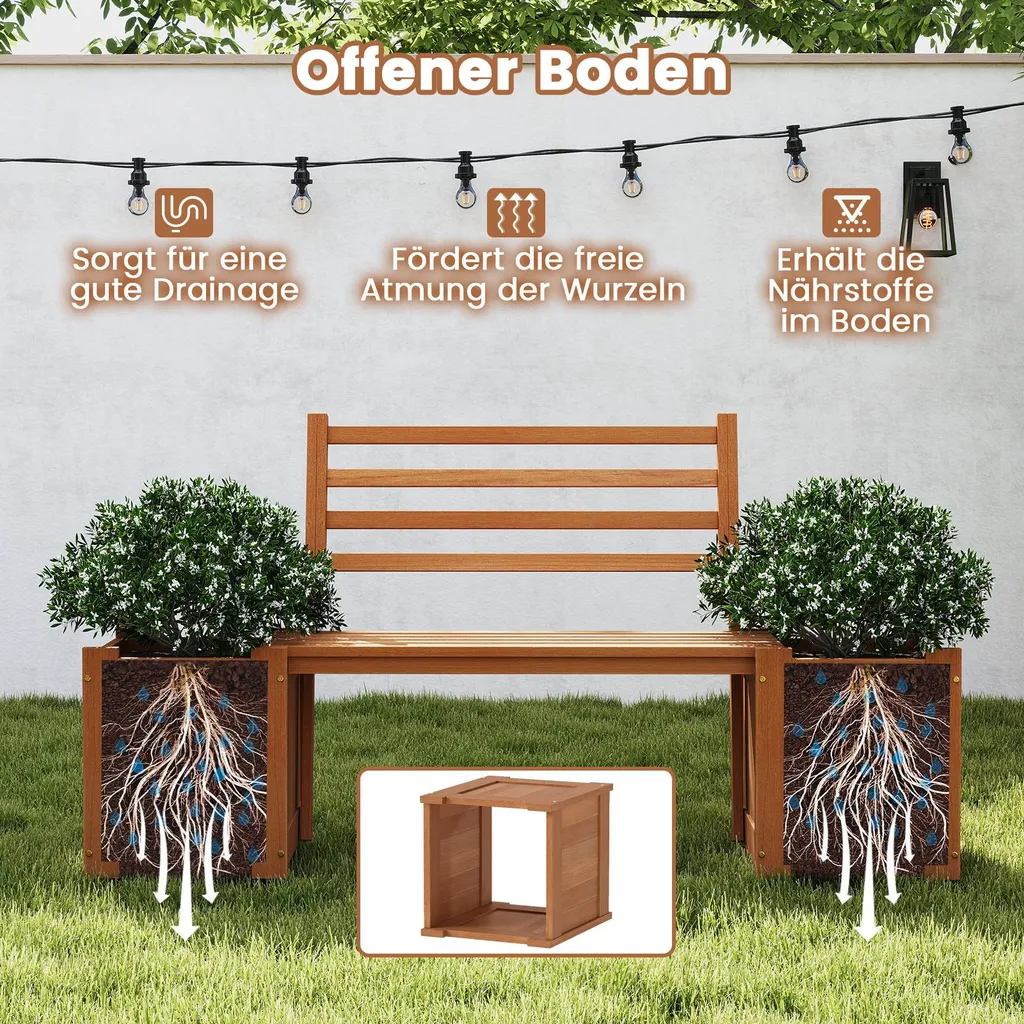 Banc de jardin 2 places stable et confortable avec bacs à fleurs