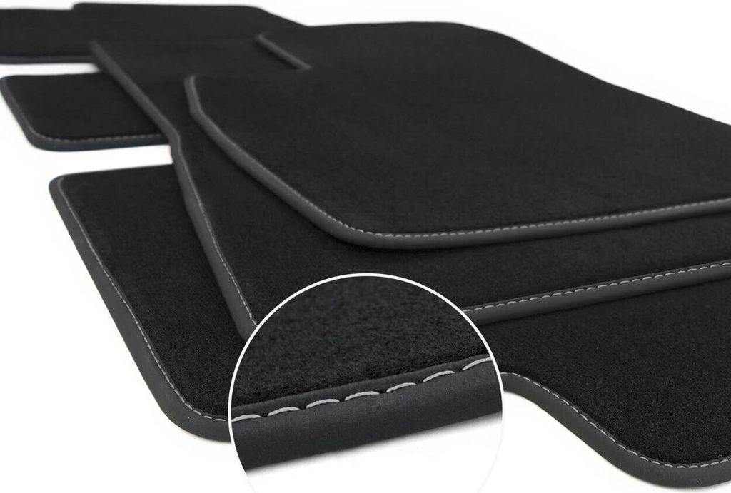 Fußmatten für Tesla Model Y (Ziernaht Weiß) Premium Velours Autoteppich Matten Original Qualität, Schwarz, Komplett Set