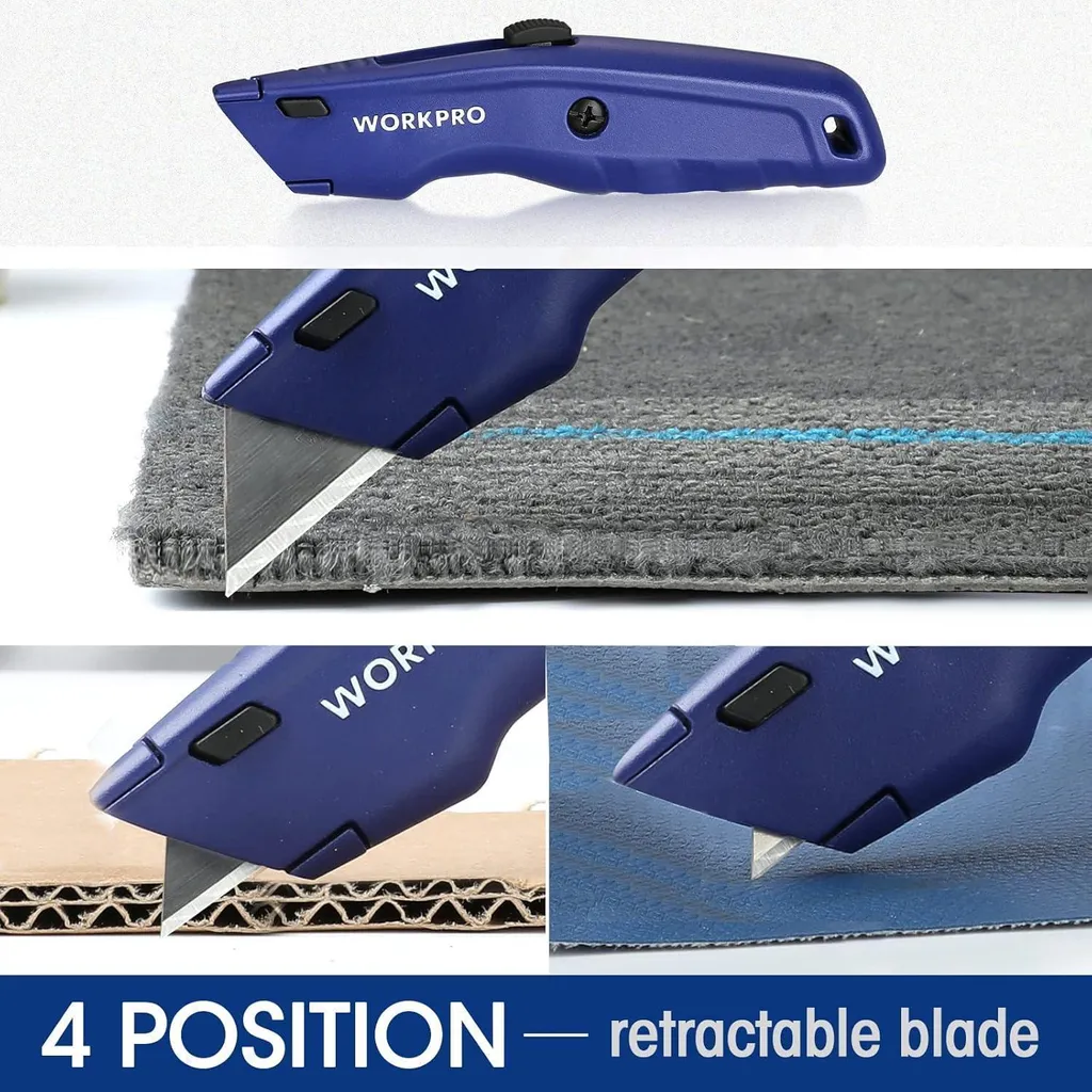 Cutter professionnel rétractable métal bleu WORKPRO avec ses 10 lames