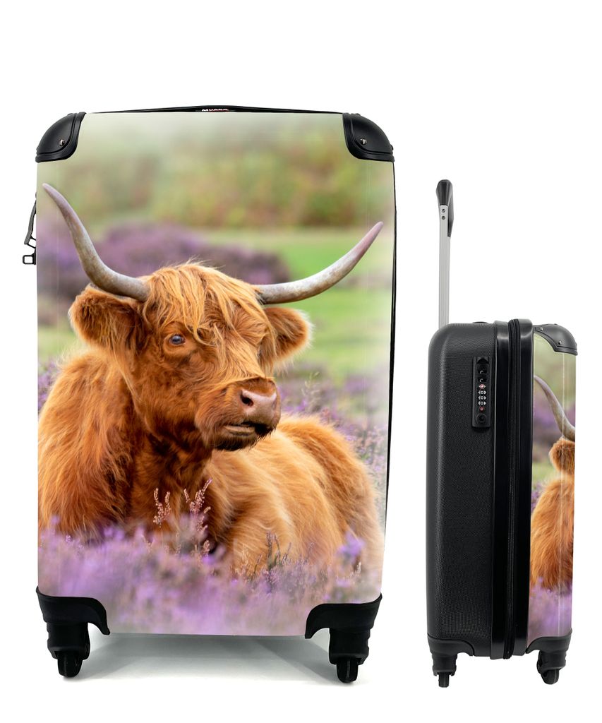 MuchoWow Koffer Handgepäck Trolley Rollkoffer Kleine Reisekoffer mit 4 Rollen - Schottischer Highlander - Braun - Büsche - Cabin Size < 55x40x2...