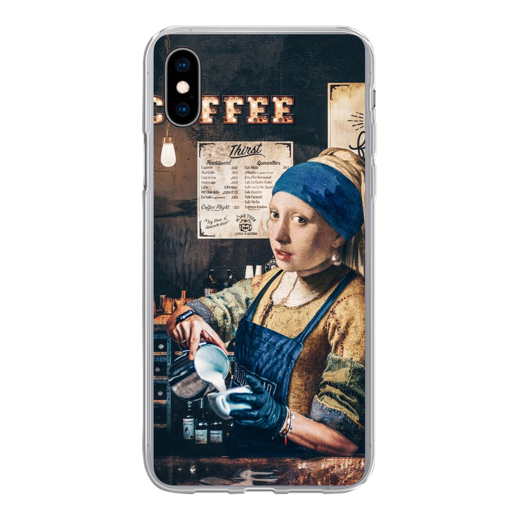 MuchoWow Handyhülle Schutzhülle Hülle für iPhone Xs Mädchen mit Perlenohrring - Cappuccino - Barista - Vermeer - Kaffee - Gemälde Silikon S...