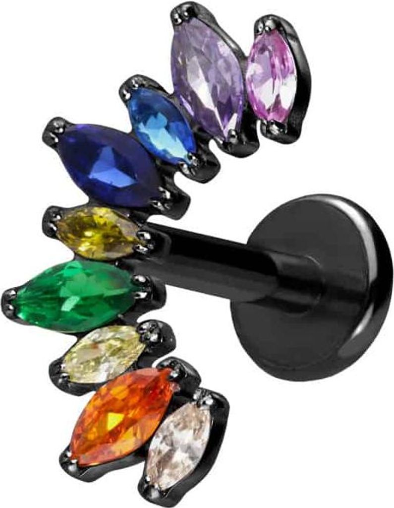 Ohrpiercing, Nasenpiercing Titan Labret mit Push Fit BUNTER KRISTALLBOGEN Schwarz Stablänge: 10mm | Stabstärke: 1,2mm