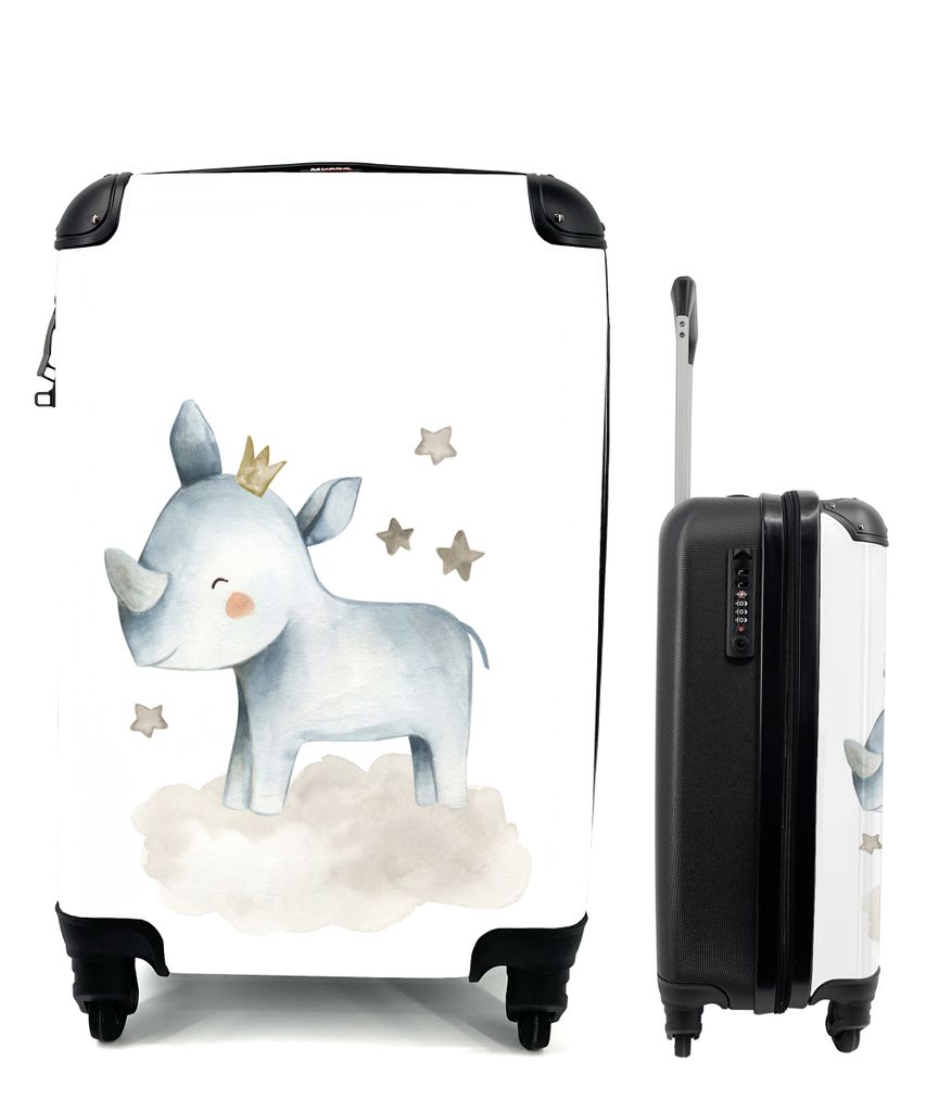 MuchoWow Koffer Handgepäck Trolley Rollkoffer Kleine Reisekoffer mit 4 Rollen - Rhinozeros - Kinder - Tiere - Cabin Size < 55x40x23 cm & 55x40x2...