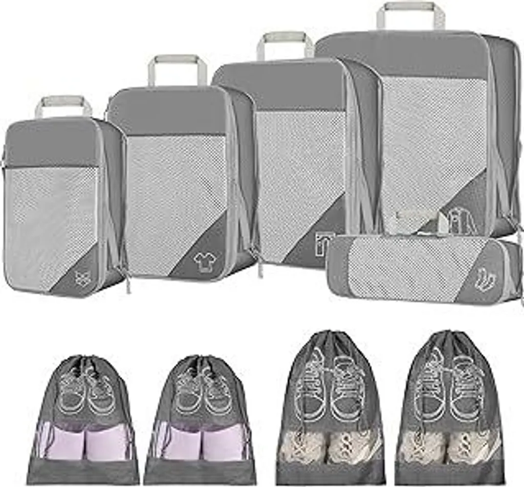 Set di 9 sacchetti compressivi, ultraleggeri, impermeabili, espandibili, organizer da viaggio per valigie, bagagli a mano e campeggio (grigio)