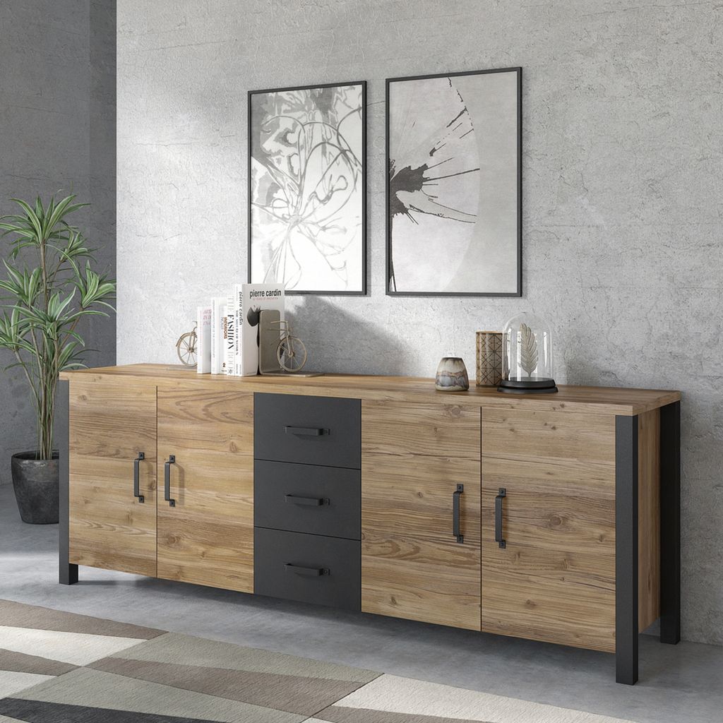 Masseno Kommode OLIVIERO 220 cm Sideboard mit 3 Schubladen und 4 Türen für Wohnzimmer Schlafzimmer Modern 220x48x79 cm Braun / Braun