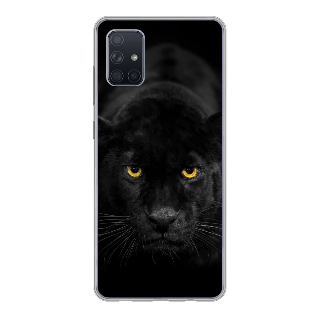 MuchoWow Handyhülle Schutzhülle Hülle für Samsung Galaxy A71 Leopard - Augen - Schwarz Silikon Softcase Handy Hülle - Kartenbesitzer