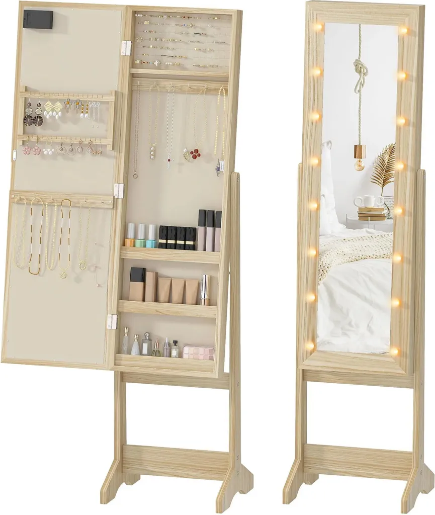Armoire à bijoux marron 36x30x136 cm avec miroir psyché et éclairage LED