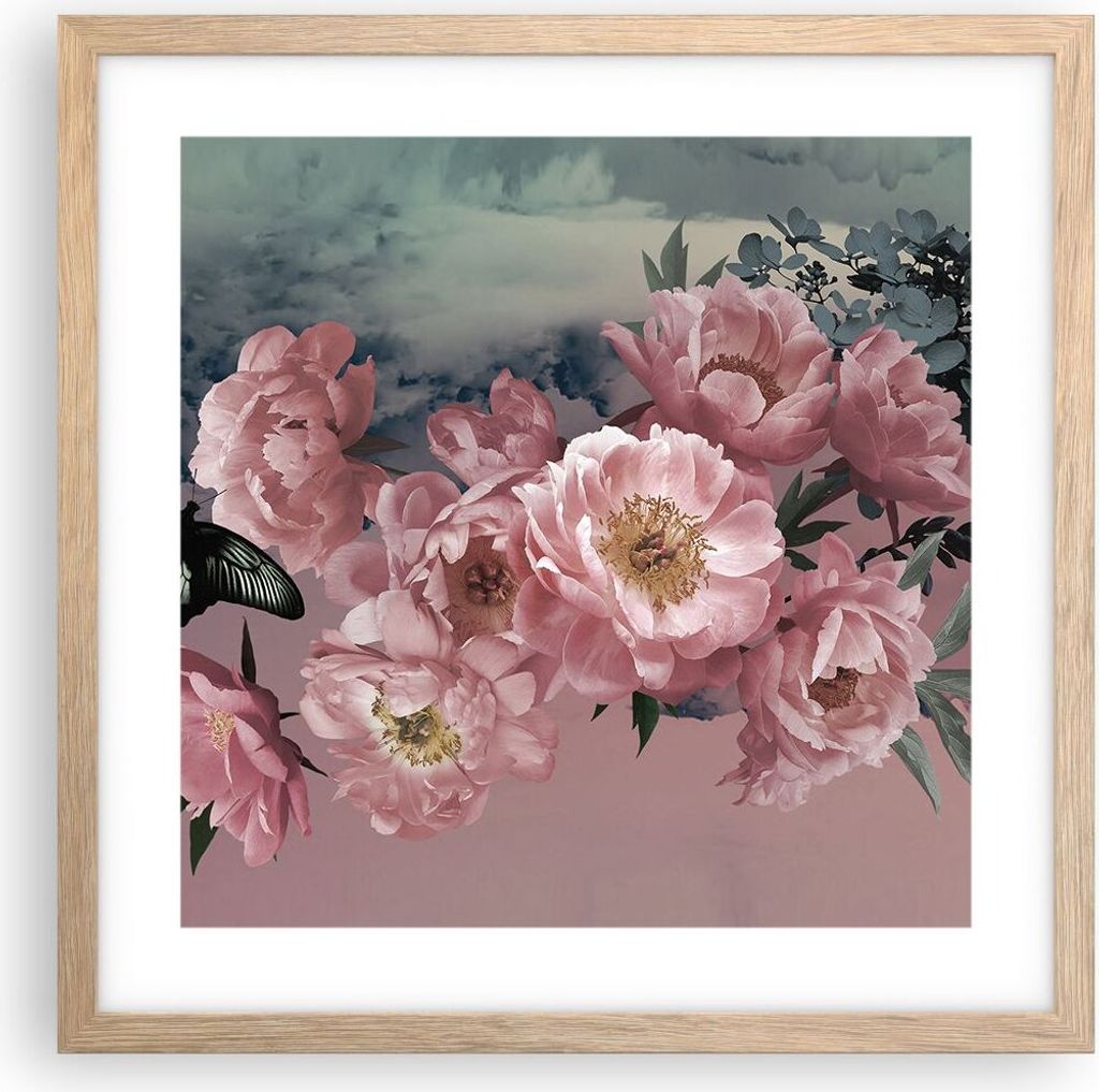 Gerahmtes Poster - Rahmen in heller Eiche - Blumen Schmetterling Wolken - 40x40 cm - Wand Bild - Wanddeko - Wandbilder - Kunstposter - Wandposter -...