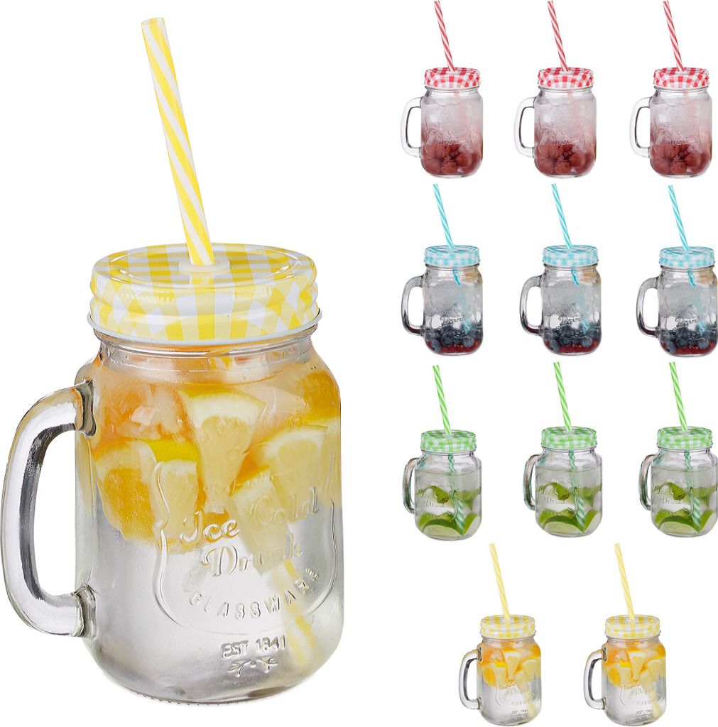 Relaxdays Trinkgläser mit Deckel und Strohhalm, 12er Set Produktbild 