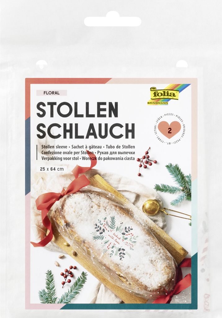 Packaging for a Stollen sleeve with a Christmas print.