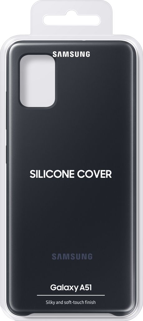 A black Samsung Galaxy A51 silicone phone case in its packaging.