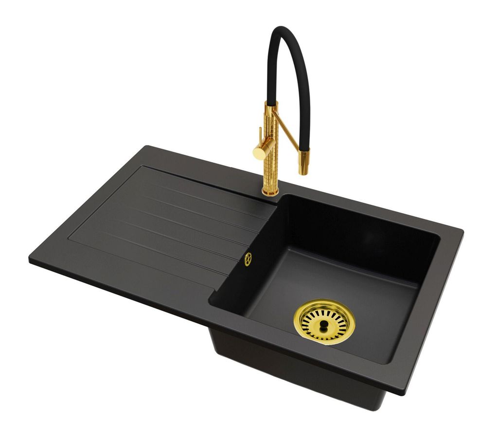 Granit Küchenspüle LEON Einbecken mit Abtropffläche inkl. Armatur Full Pro Gold und Raumsparsiphon Gold