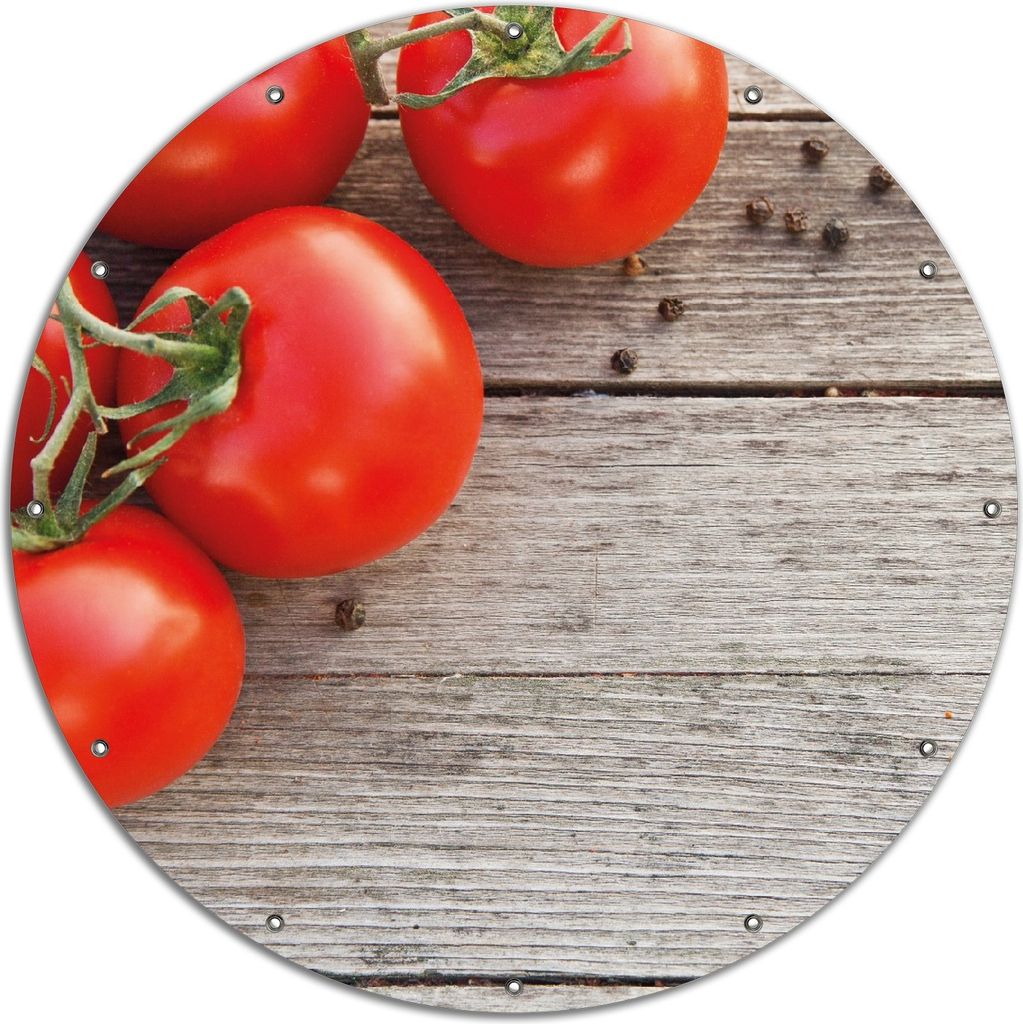 Wallario rundes Outdoor-Poster für Garten oder Balkon, Motiv Tomaten und Gewürze auf altem Holztisch, 120 cm Durchmesser