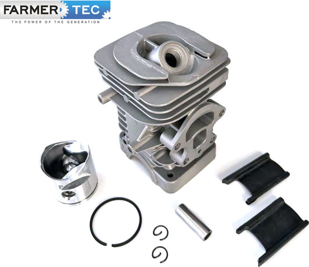 A set of engine cylinder parts for a chainsaw, including the cylinder, piston, piston rings, and other small components, laid out on a white background.