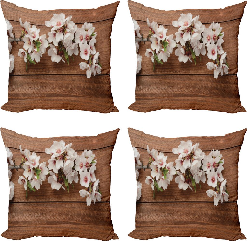 ABAKUHAUS Mandelblüte Kissenbezug Set (4 Stück), Natur, Komposition,, Moderner Doppelseitiger Digitaldruck, 50 cm x 50 cm, Grün, Weiß und Braun