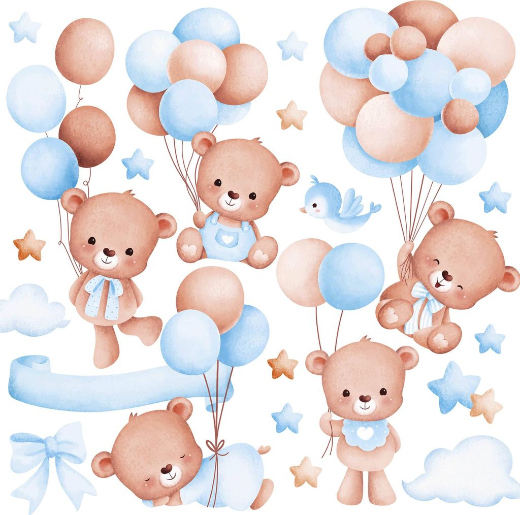 Wandaufkleber Set für Kinder TEDDYBÄREN Ballons Wolken Sterne 60x30cm Wandsticker Wandtattoos Set für Baby