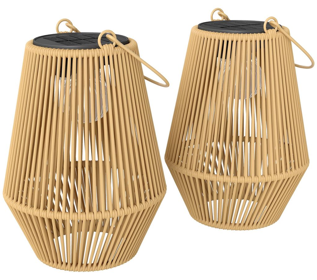 Solar Stehlampe 2er Set Rattan Hängend Solarlampen mit Lichtsensor IP44 wasserdichte Solarlampe für Garten Balkon Braun