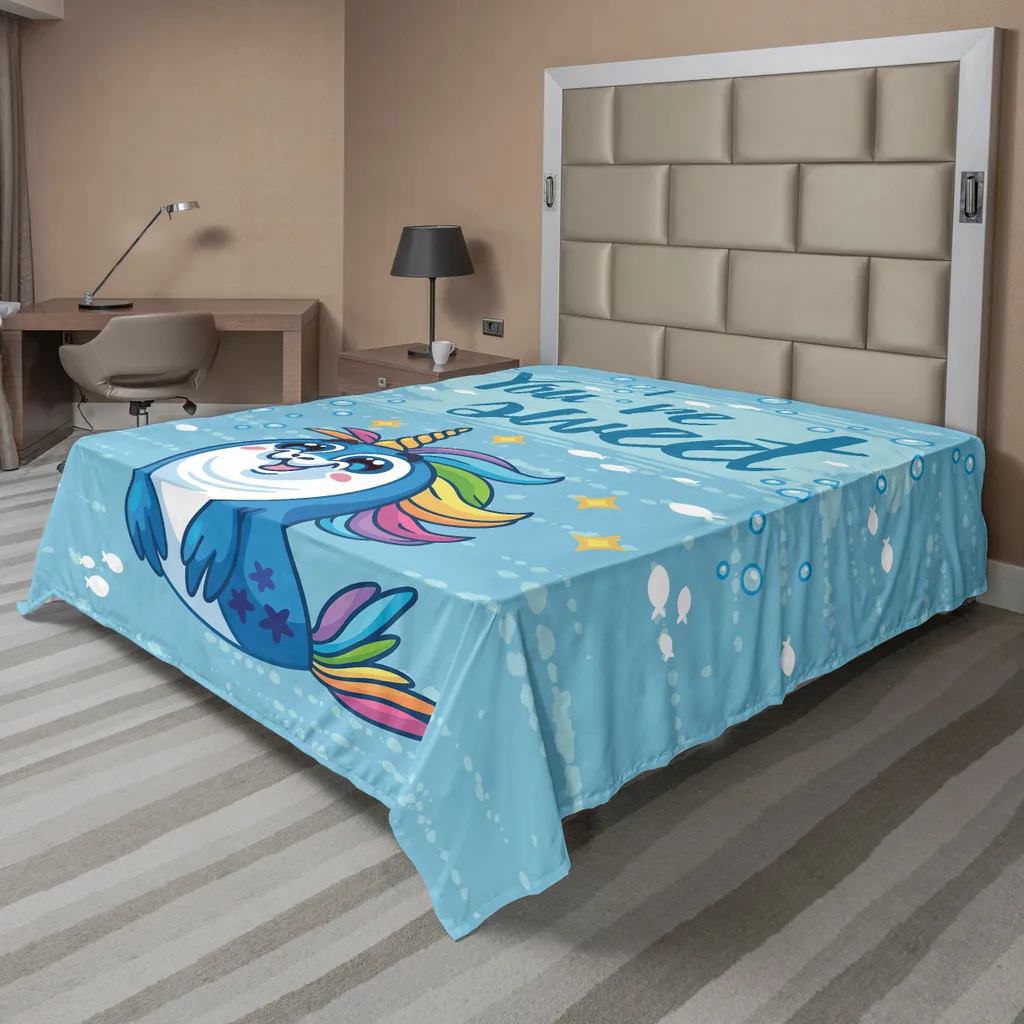 Drap de dessus bleu pour chambre d'enfant licorne et pingouin 260 cm