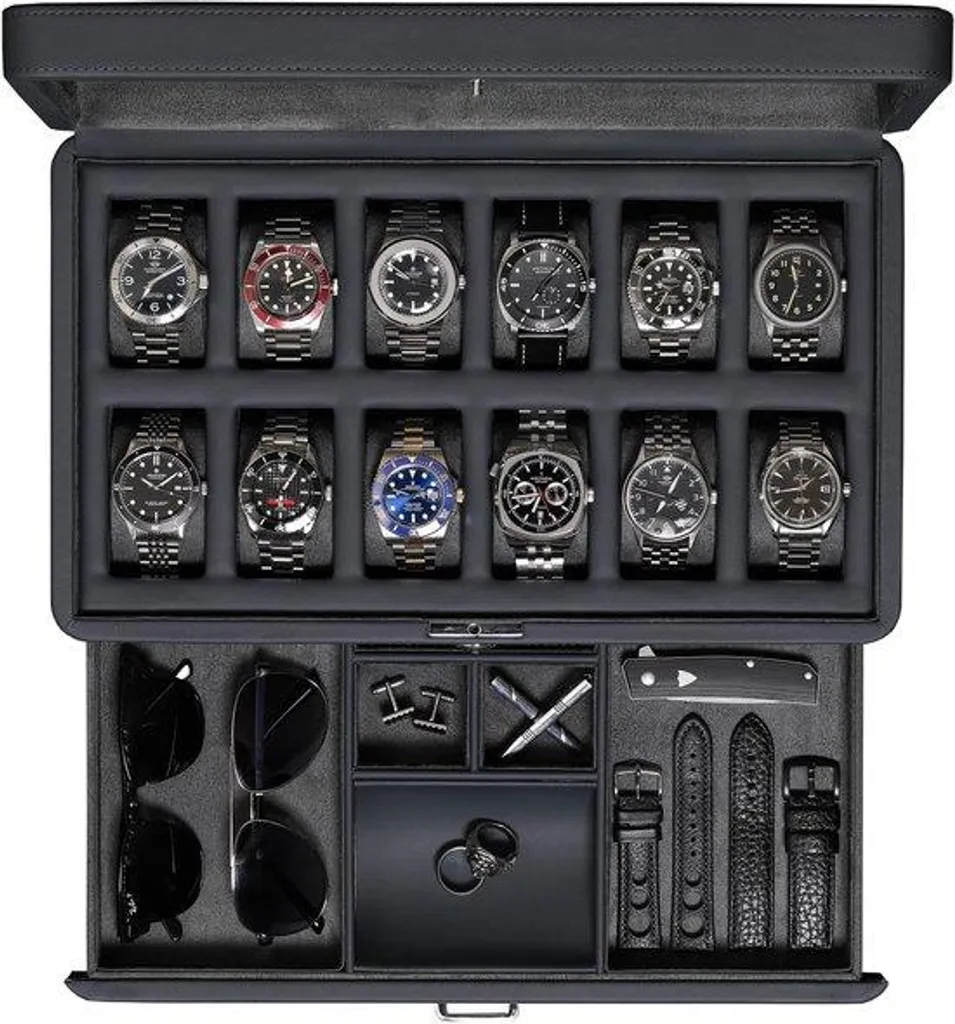 Coffret à montres de luxe en cuir carbone avec 6 slots et vitre en verre
