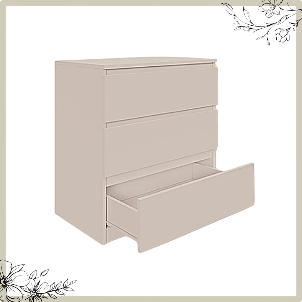 A beige three-drawer dresser is shown against a white background.