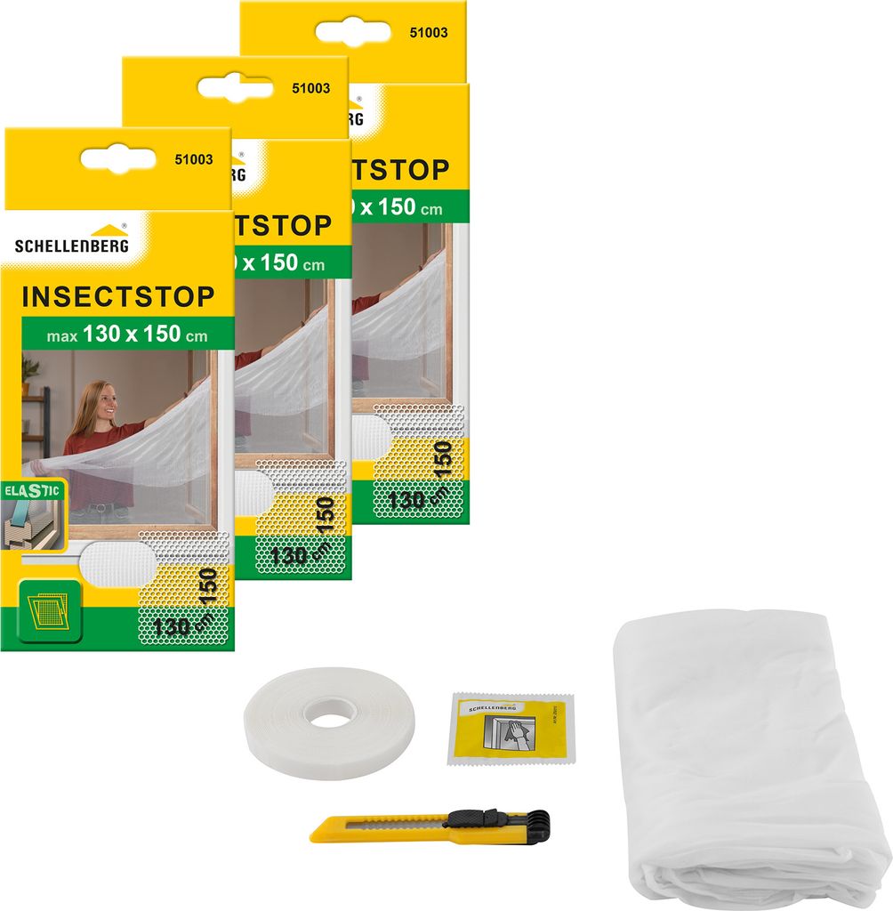 Schellenberg 3er Pack 51003 Fliegengitter ELASTIC, für Fenster mit Wetterschenkel, Insektenschutz ohne bohren, weiß, 130 x 150 cm