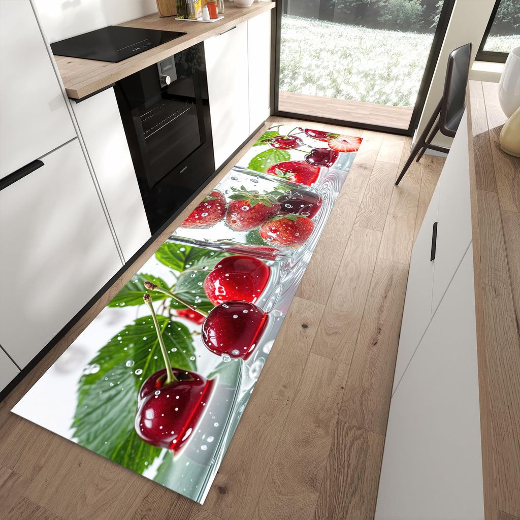 Küchenteppich 80x280cm rutschfest & abwischbar PVC Läufer - Erdbeeren und Kirschen