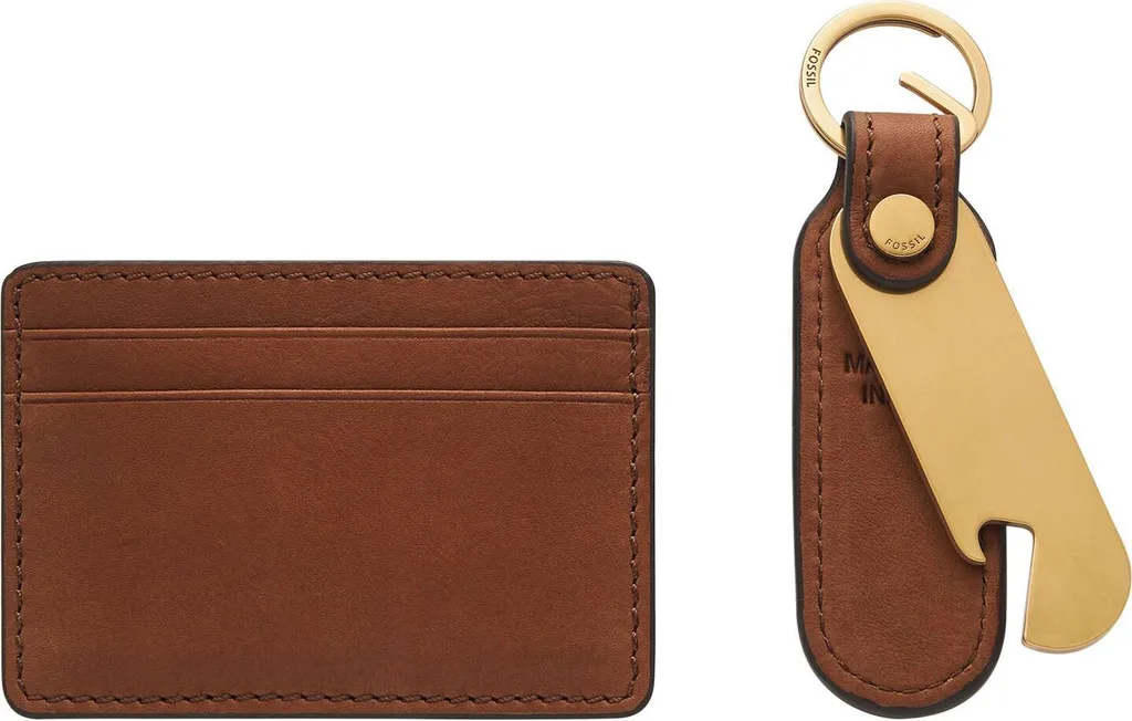 FOSSIL portacarte portachiavi Steven Card Case and Keyfob Bottle Opener Gift Set Medium Brown marrone