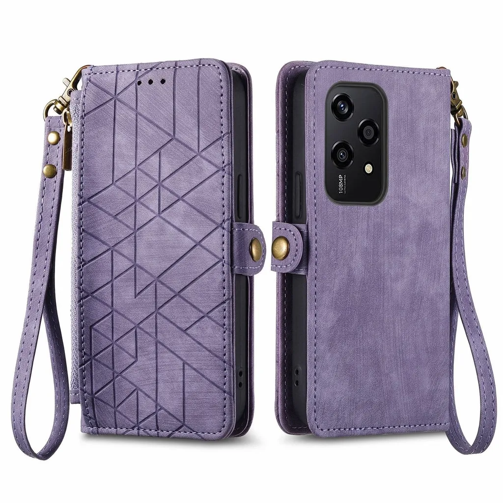 Per Honor 200 Lite Custodia a portafoglio in Pelle finta con cerniera e cinturino Custodia protettiva Cover viola