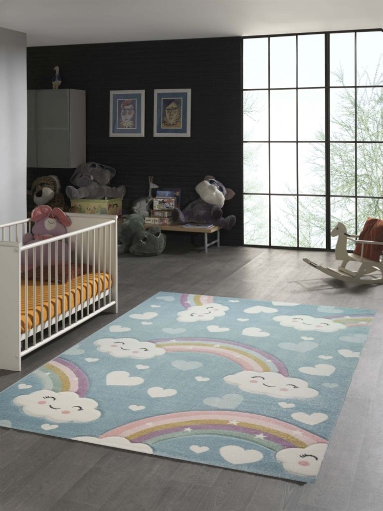 Kinderteppich mit Wolken Regenbogen und Herzen in blau Größe - 120 cm Rund