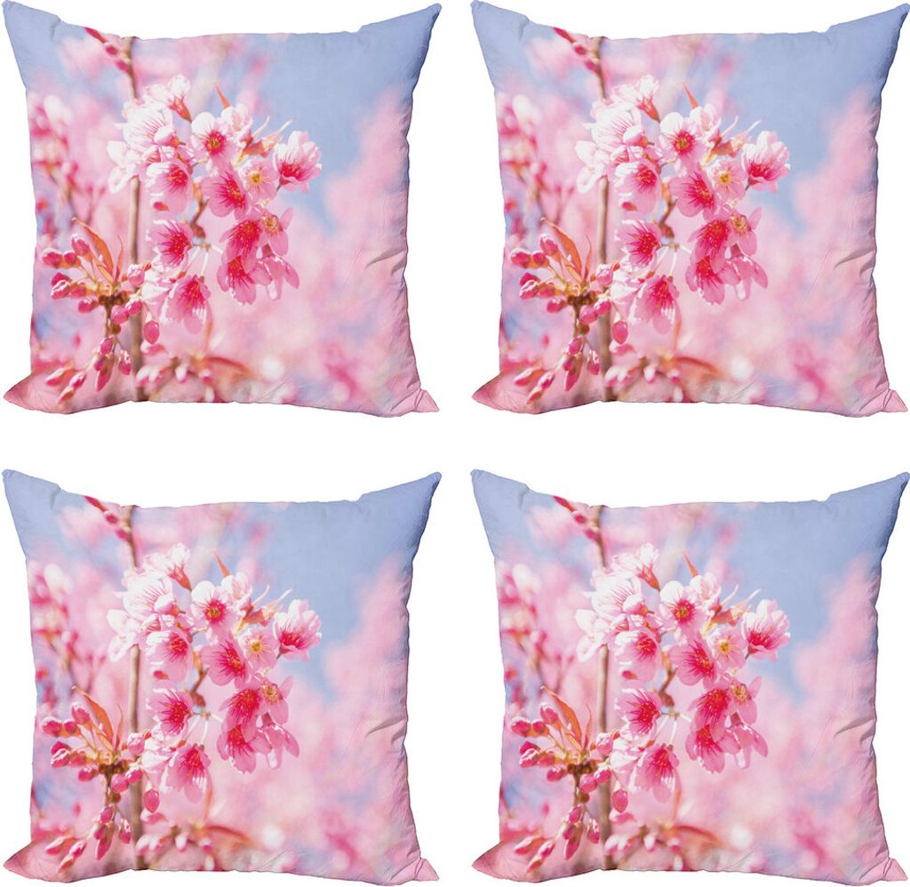 ABAKUHAUS Blumen Kissenbezug Set (4 Stück), Sakura-Blüten-Niederlassungen, Moderner Doppelseitiger Digitaldruck, 45 cm x 45 cm, Pale Pink Purplegrey