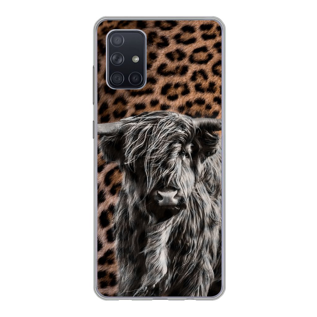 MuchoWow Handyhülle Schutzhülle Hülle für Samsung Galaxy A51 Schottischer Highlander - Pantherdruck - Schwarz - Weiß Silikon Softcase Handy ...