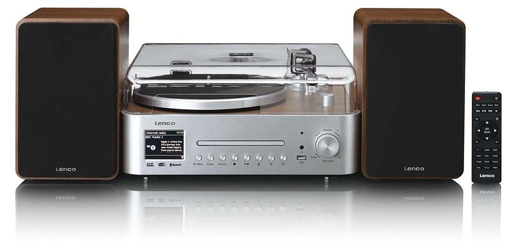 LENCO MC-860WDSI – HiFi-Stereoanlage mit Plattenspieler und Lautsprechern – Internetradio, DAB+, UKW, Bluetooth , CD-/MP3-Player – Holz/Silber