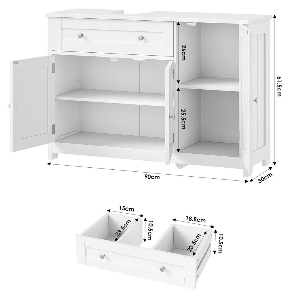 Unterschrank fürs Waschbecken - Badschrank Standmodell - 3 Türen 1 Schublade - 90x30x61,8 cm - Holz - Weiß
