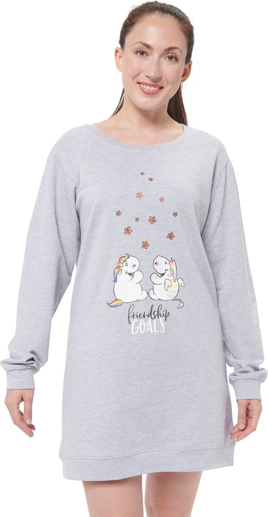 Pummel & Friends Nachthemd für Damen Pummeleinhorn & Zebrasus – Friendship goals Schlafshirt Pyjama Langarm Oberteil Grau L